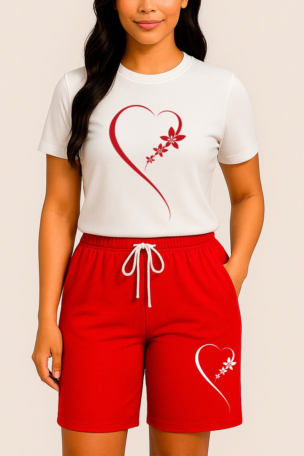 CONJUNTO DAMA CORAZON FLOR BLANCO-ROJO