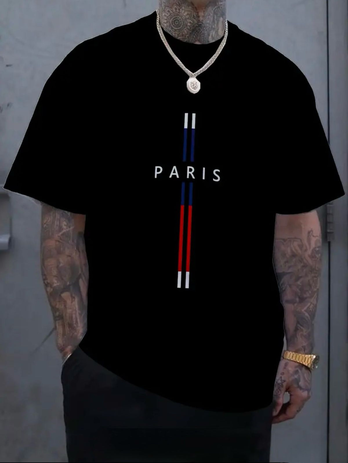 CAMISETA NEGRA HOMBRE CRUZ PARIS LINEA AZUL