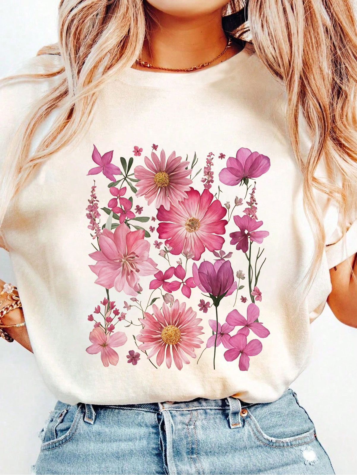 CAMISETA DAMA BLANCA FLORES ROSAS