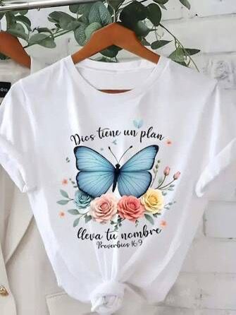 CAMISETA DAMA BLANCA MARIPOSA DIOS ES TU PLAN