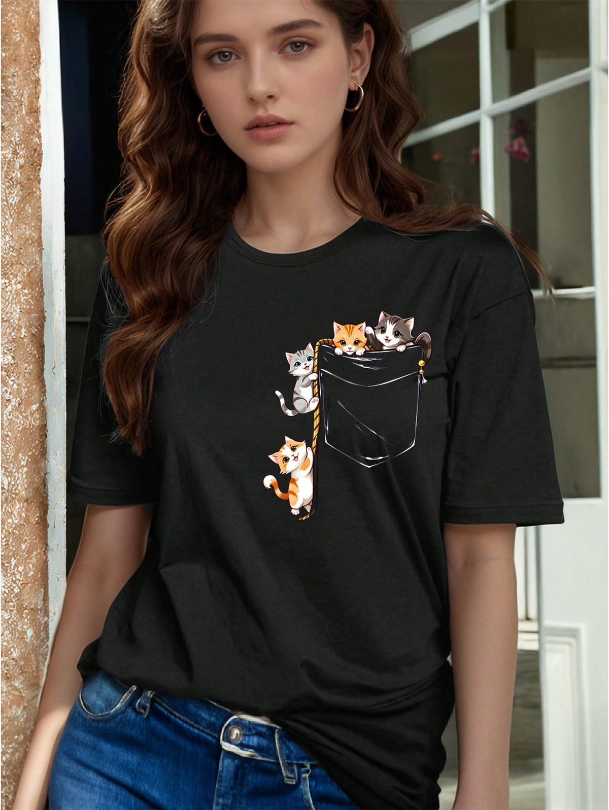 CAMISETA DAMA NEGRA GATOS BOLSILLO