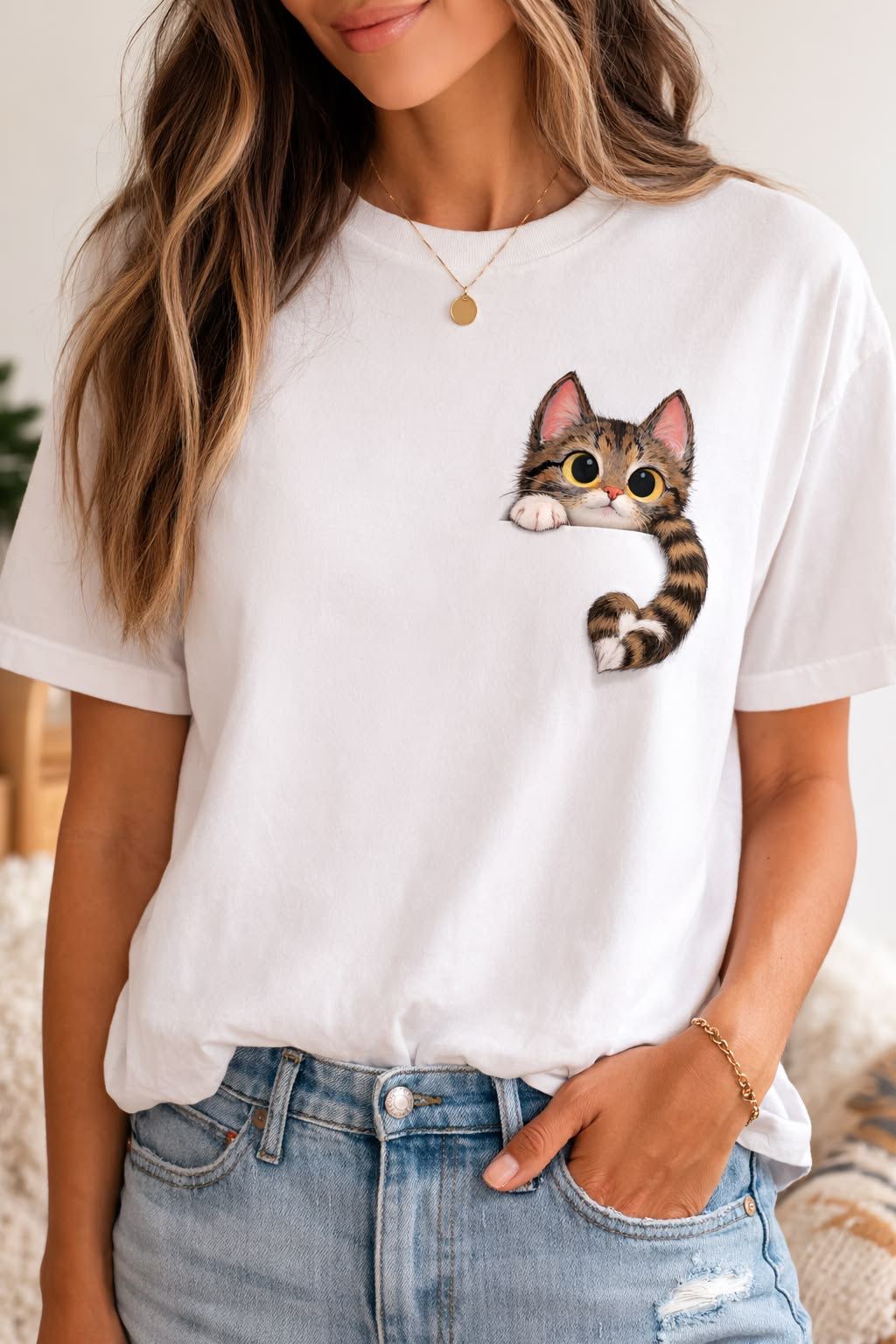 CAMISETA BLANCA DAMA GATICO BOLSILLO