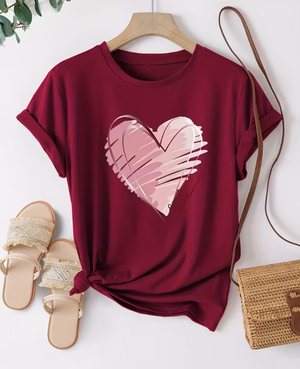 CAMISETA DAMA VINOTINTO CORAZON ROSA