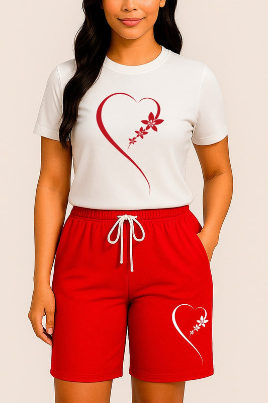 CONJUNTO DAMA CORAZON FLOR BLANCO-ROJO