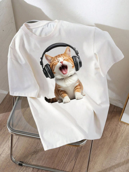 CAMISETA DAMA GATO CON AURICULARES