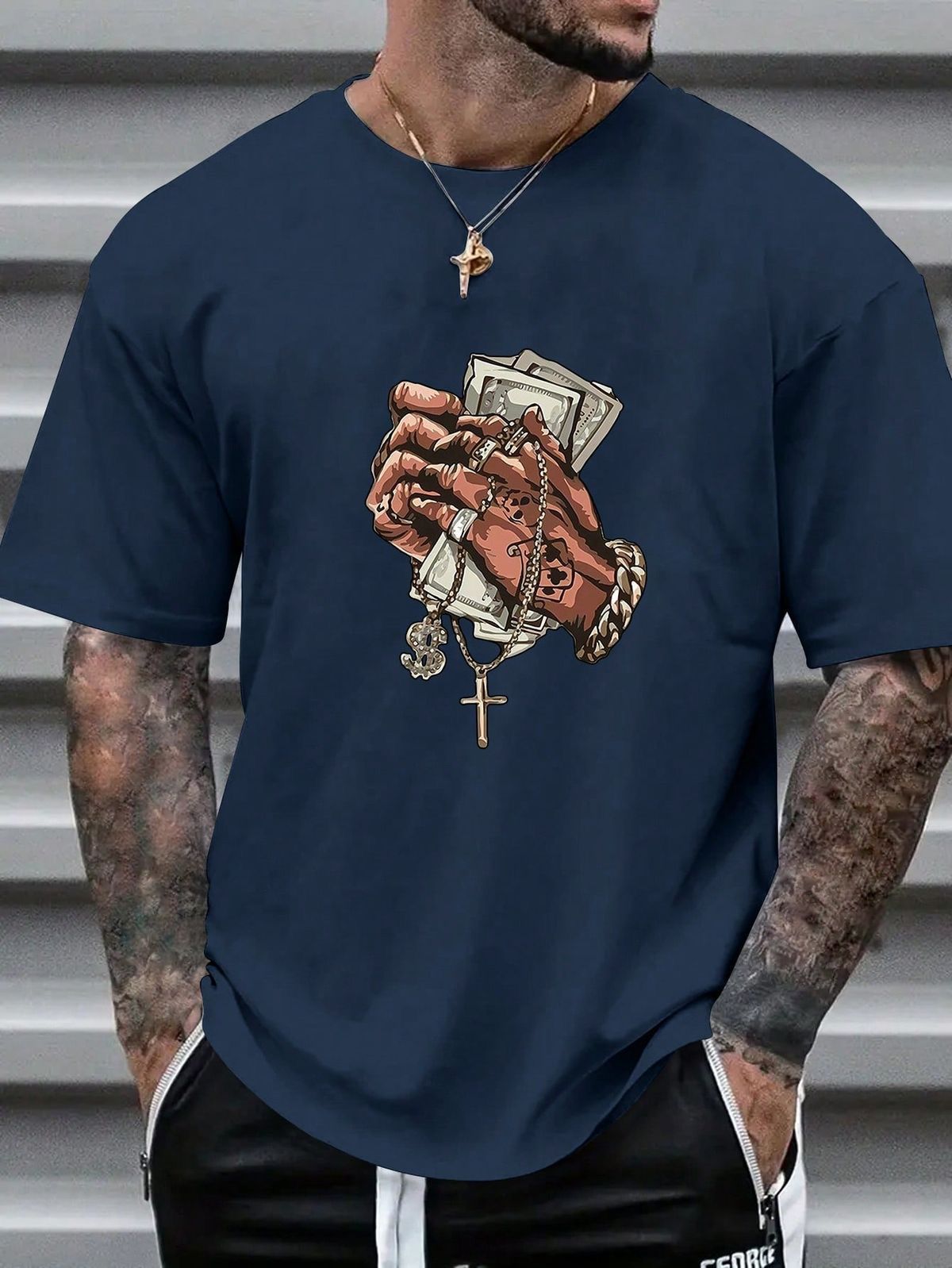 CAMISETA HOMBRE MANOS CON DINERO AZUL