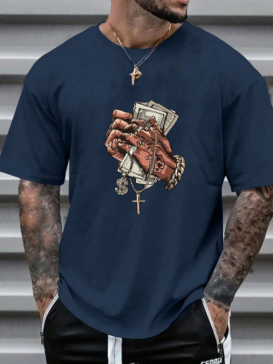 CAMISETA HOMBRE MANOS CON DINERO AZUL