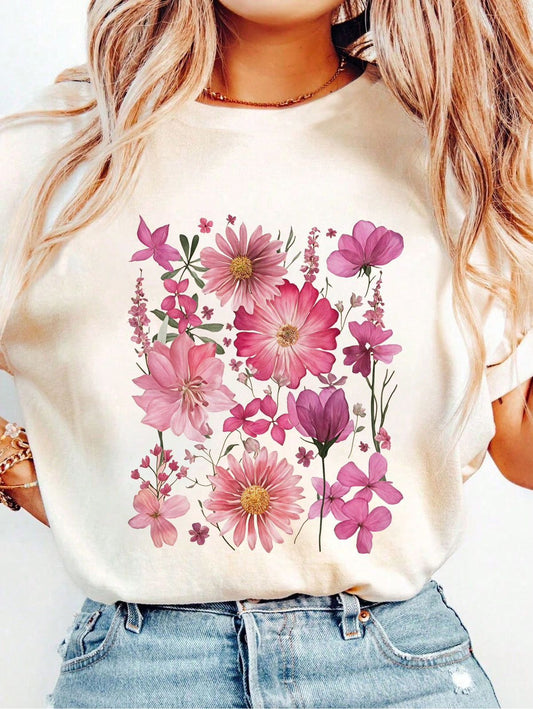 CAMISETA DAMA BLANCA FLORES ROSAS