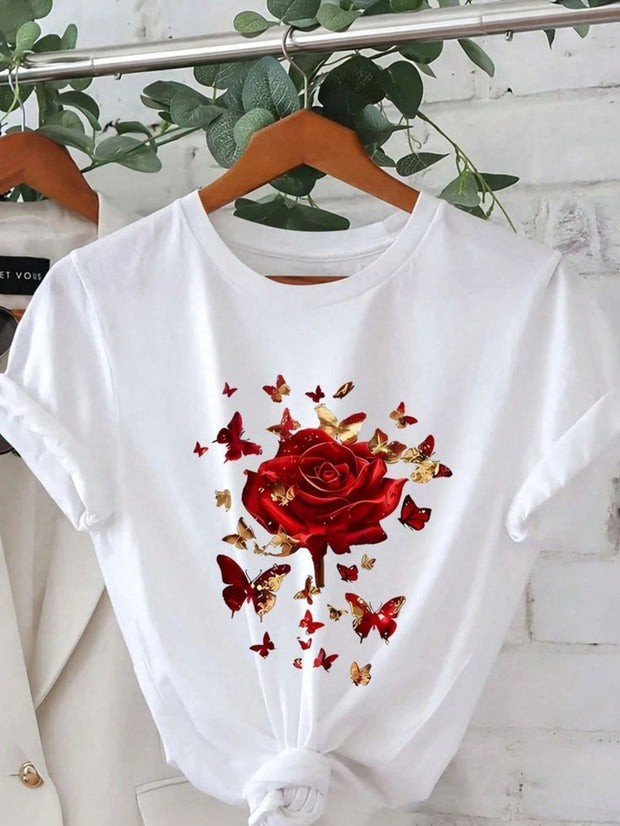 CAMISETA DAMA BLANCA ROSA ROJA