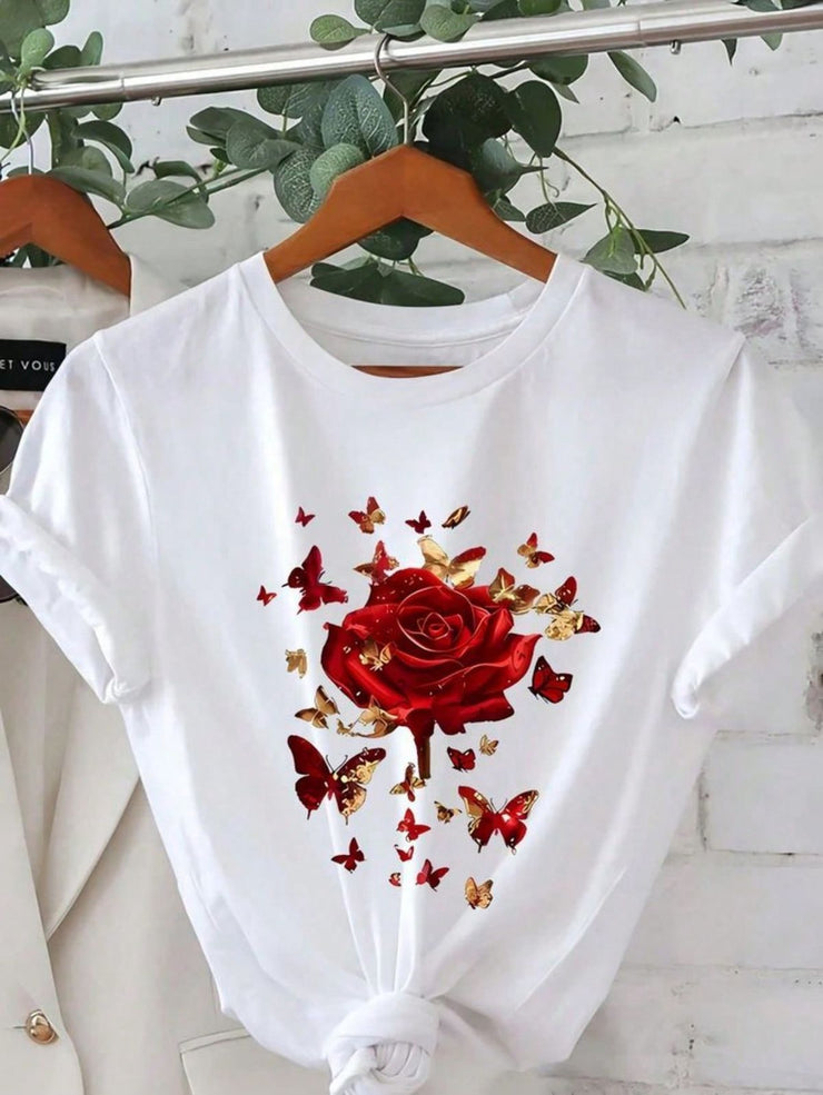 CAMISETA DAMA BLANCA ROSA ROJA
