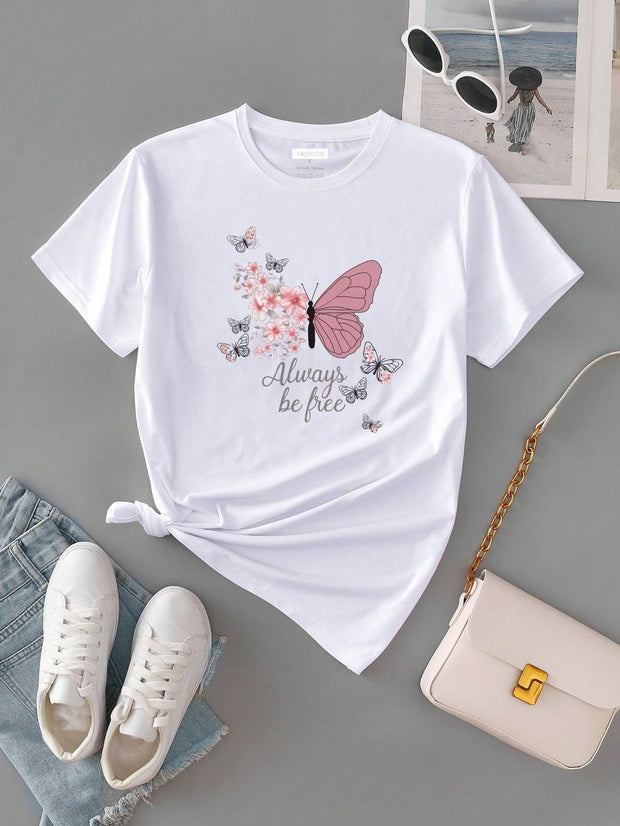CAMISETA DAMA BLANCA MARIPOSA ROSA ALWAYS BE FREE