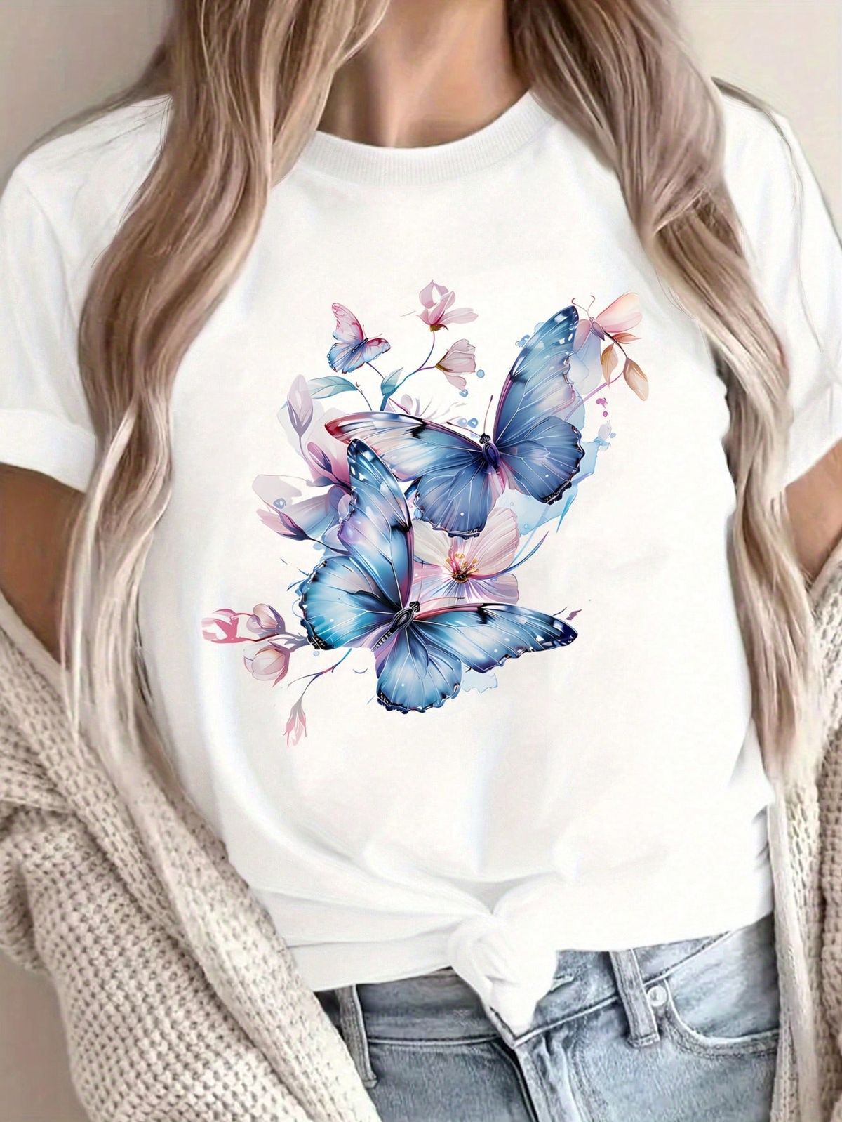CAMISETA DAMA BLANCA MARIPOSAS AZULES