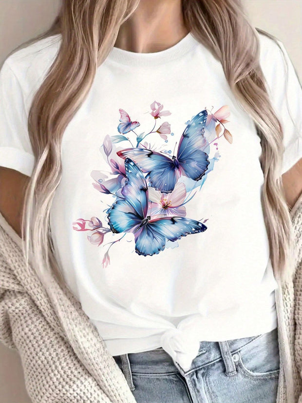 CAMISETA DAMA BLANCA MARIPOSAS AZULES