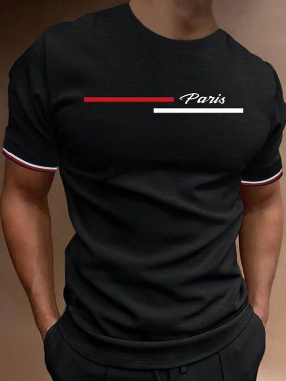 CAMISETA HOMBRE NEGRA PARIS LINEA ROJA-BLANCA NUEVA