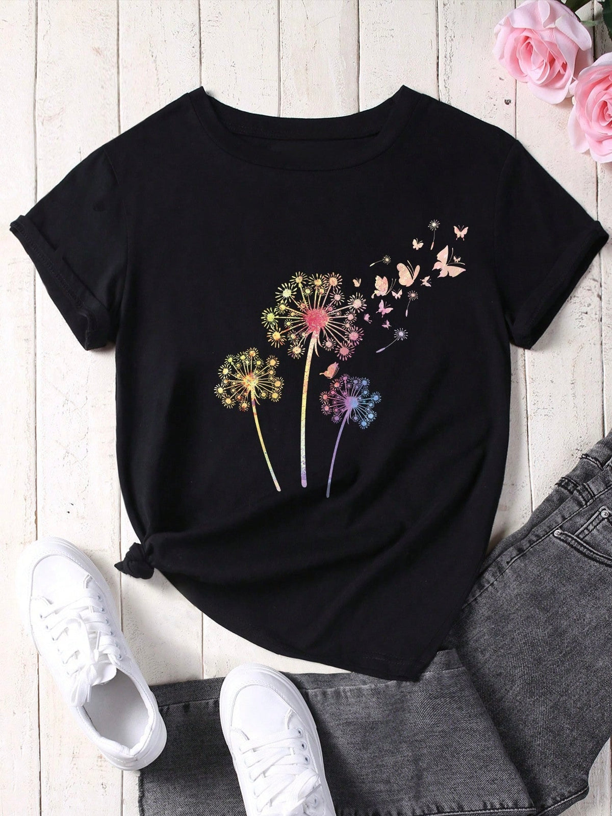 CAMISETA DAMA NEGRA DIENTE DE LEON COLORES