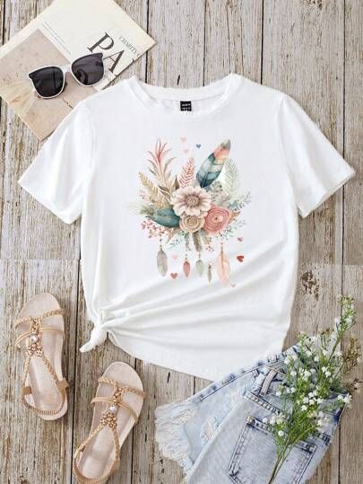 CAMISETA BLANCA DAMA FLORES PLUMAS