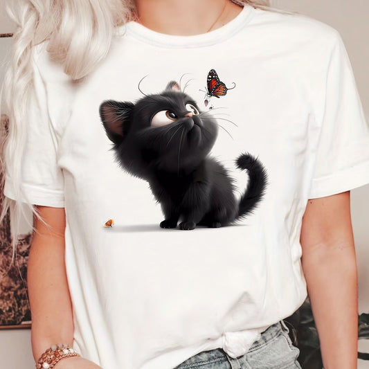 CAMISETA BLANCA DAMA GATO NEGRO MARIPOSA