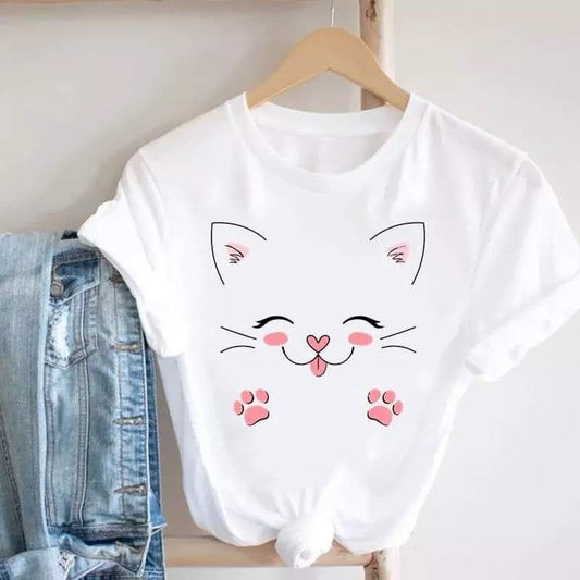 CAMISETA BLANCA DAMA GATA SONRIENTE