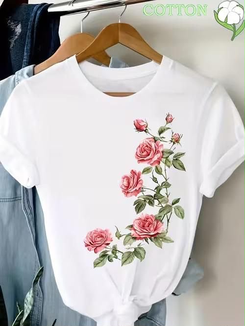 CAMISETA DAMA BLANCA RAMA DE ROSAS