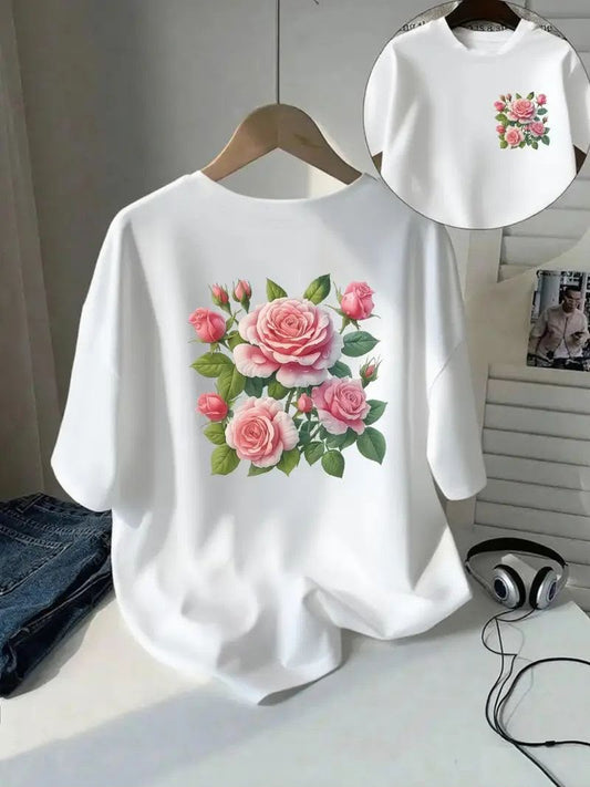 CAMISETA DAMA BLANCA FLOR DE ROSA