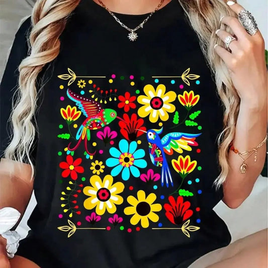 CAMISETA DAMA NEGRA COLIBRI FLORES DE COLORES