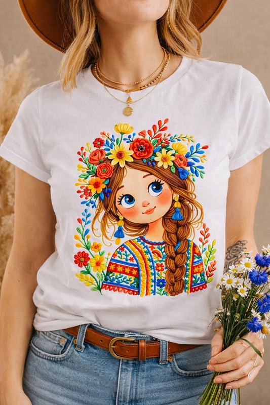 CAMISETA DAMA BLANCA MUÑECA FLORES