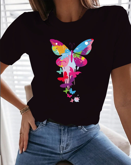 CAMISETA NEGRA MARIPOSA ROSA